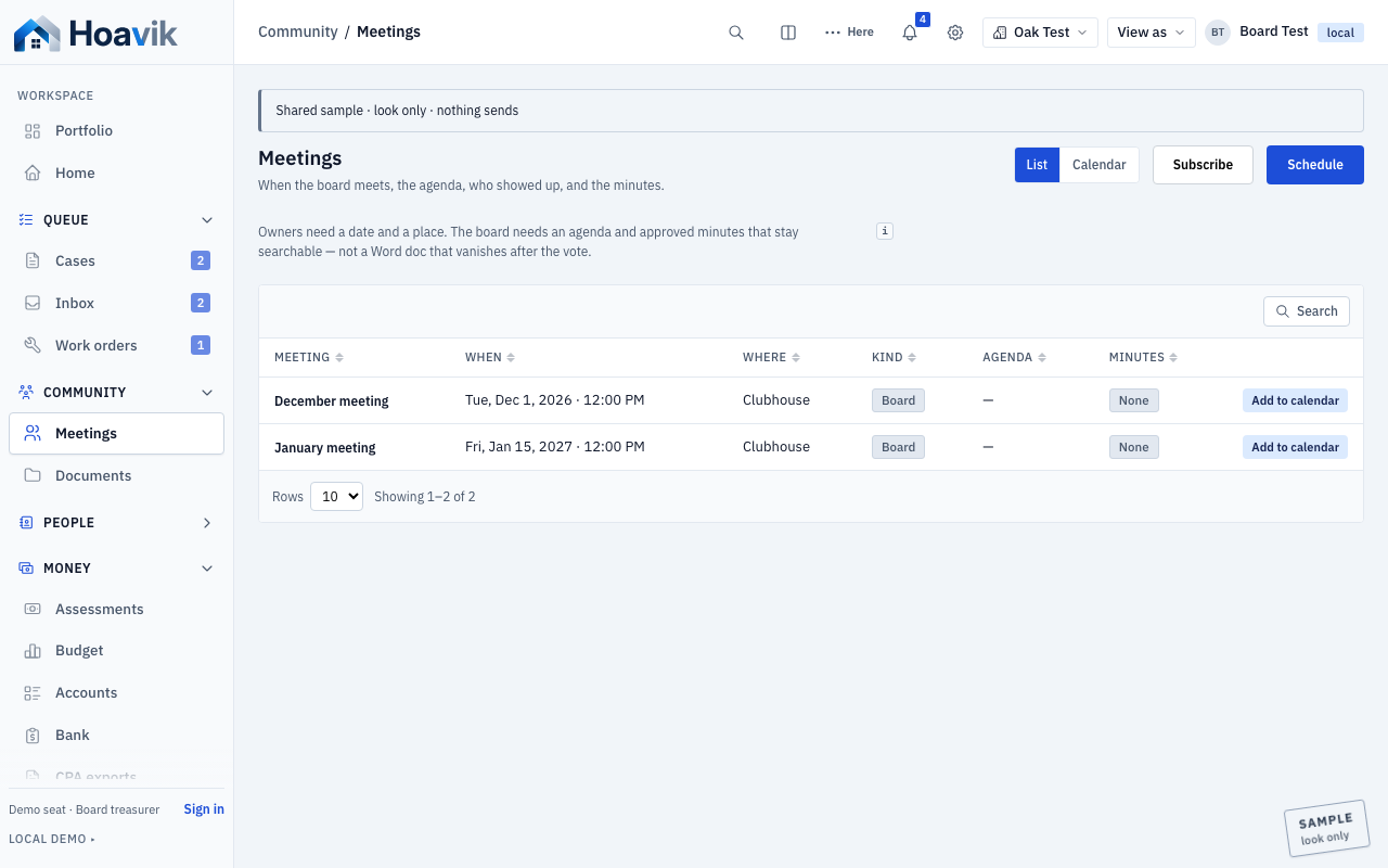 Meetings on the sample association desk — agenda, minutes, and packet on one record.